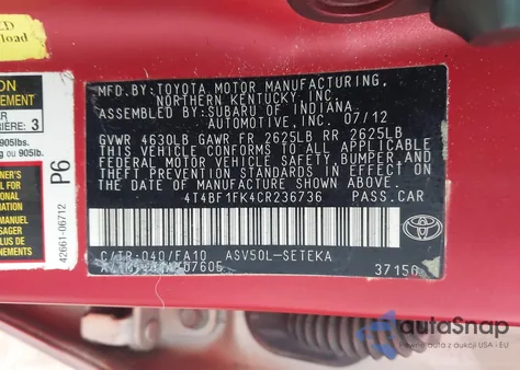 2012 Toyota Camry L из США, поврежденный, VIN 4T4BF1FK4CR236736